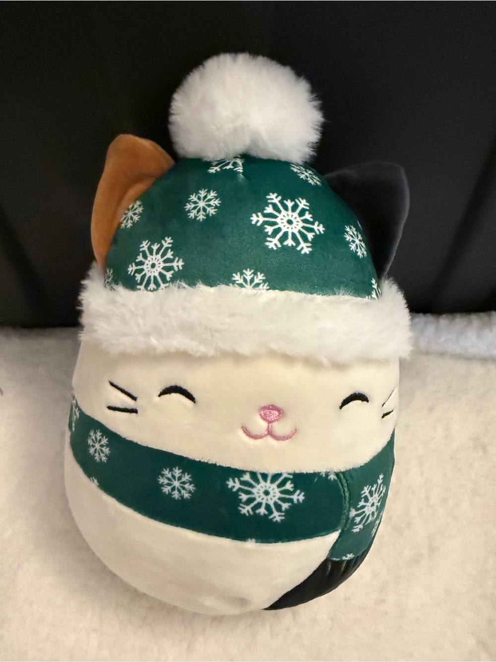 Squishmallow Plush Cat Holiday Doll in Green Snowflake Hat & Scarf